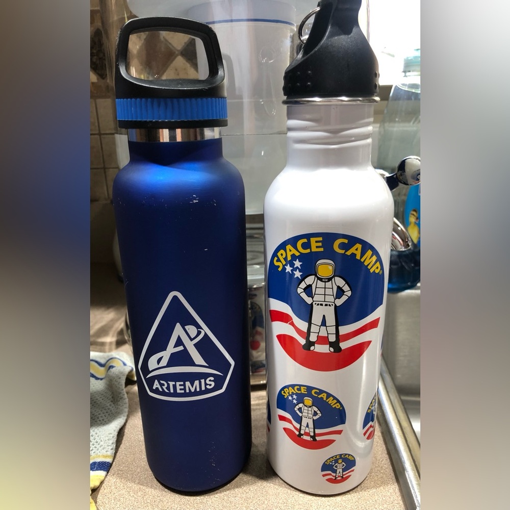 Artemis Blue Water Bottle and Space Camp White Water Bottle 17-18 oz.